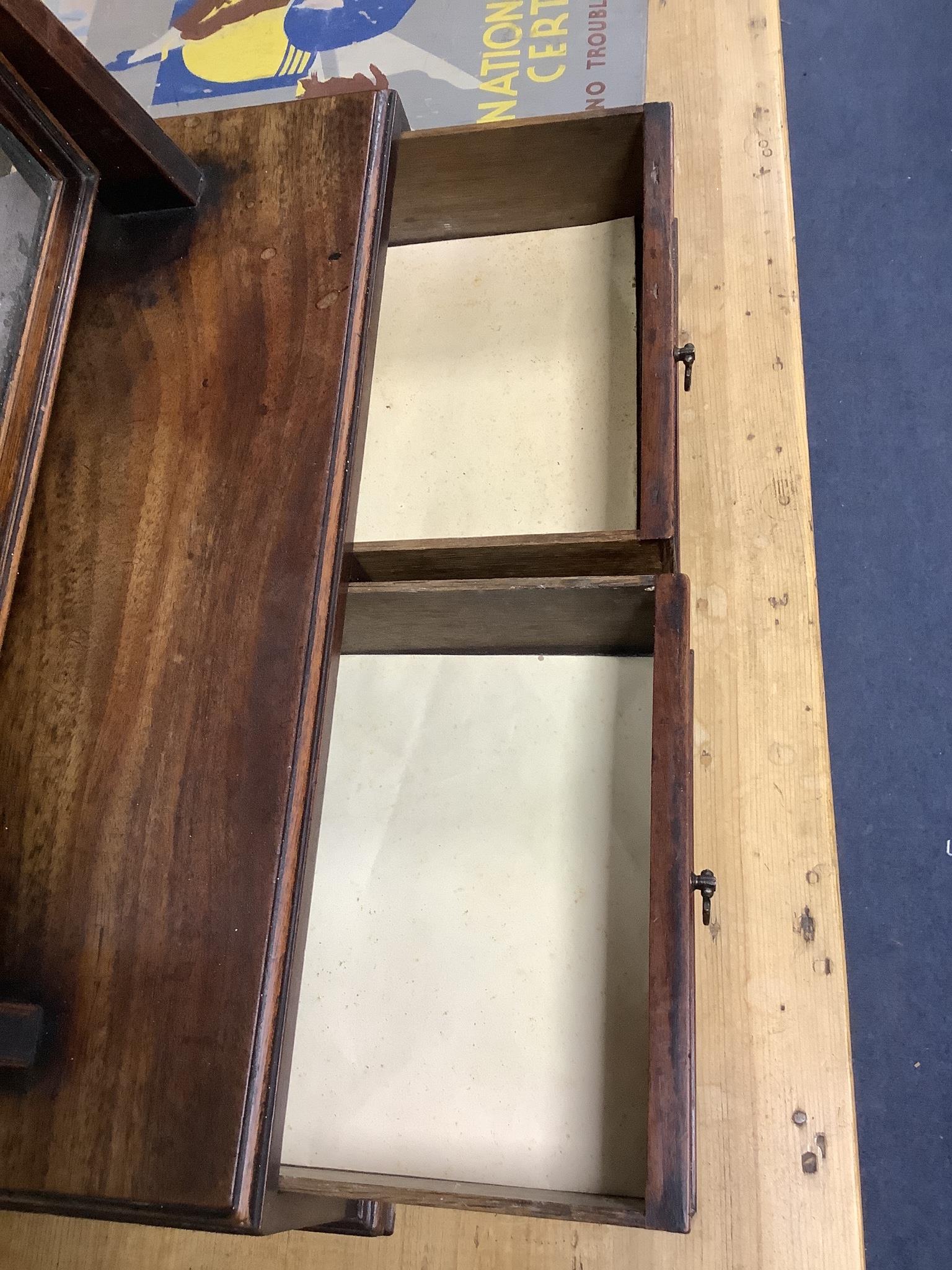 A George III mahogany two drawer box base toilet mirror, width 46cm, depth 23cm, height 62cm